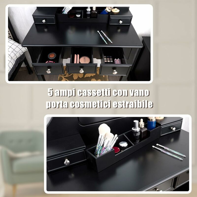 COSTWAY 2-IN-1 Toeletta Trucco con Sgabello, Postazione Trucco con Specchio  LED Girevole a 360