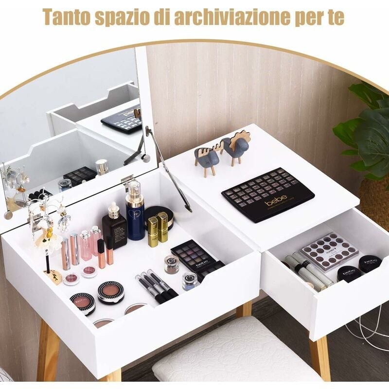 Toeletta con Specchio, Tavolo da Trucco Specchiera con Sgabello e Cassetto, Organizer  Cosmetici in Legno, per Camera da Letto, Bianco