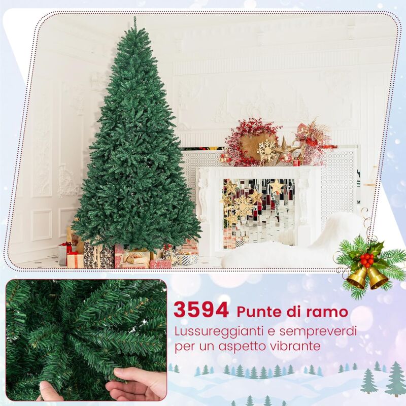 Albero di Natale 180 cm 600 rami, Abete artificiale innevato con base solida di metallo