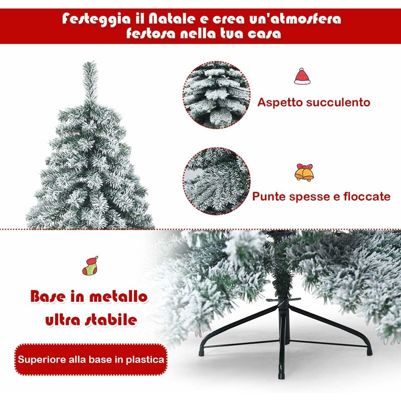 COSTWAY Albero di Natale Innevato 180/230cm, Albero di Natale con 657/1313 Rami Folti e Base di Metallo con Cuscinetti Antiscivolo, Albero di Natale Realistico per Casa, Ufficio e Negozio (180 cm