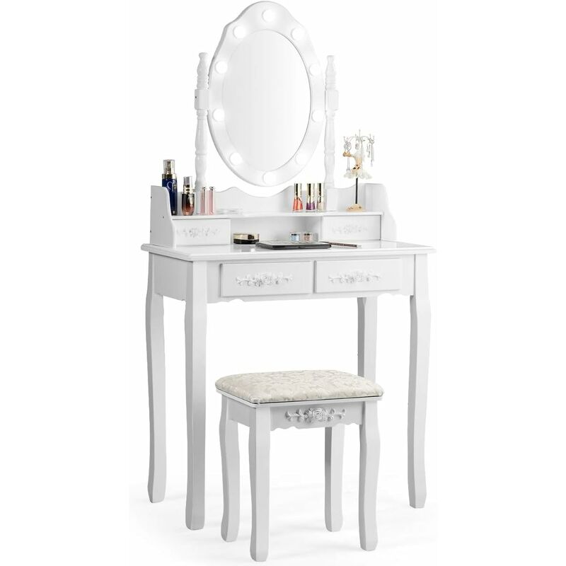 Tavolino da toilette Sherry Small bianco lucido + sgabello & LED