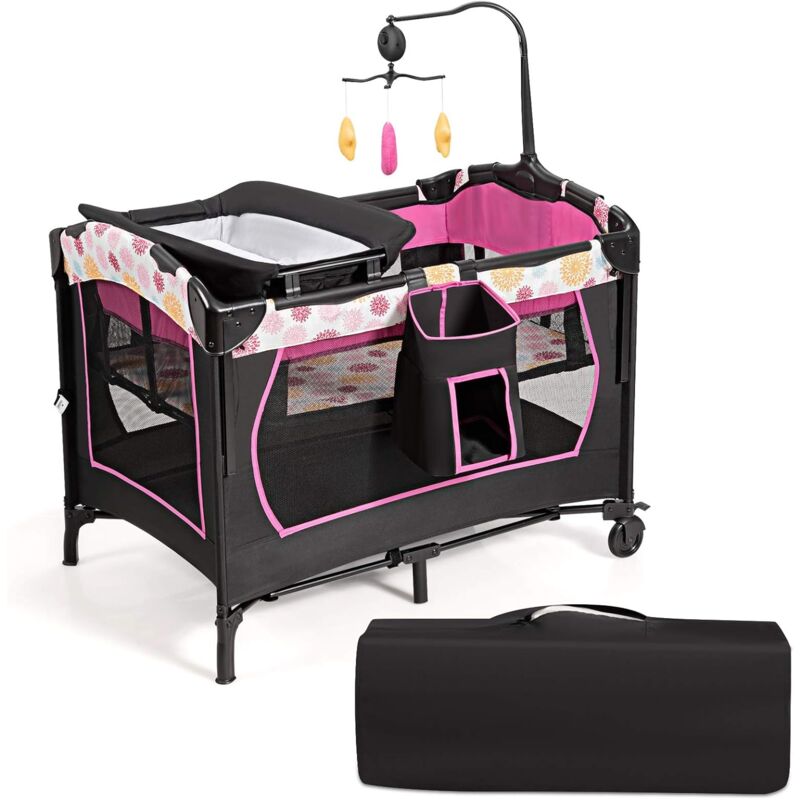 COSTWAY Culla Campeggio 5 In 1 Per Bambini 0-3 Anni – Lettino Pieghevole Con Fasciatoio, Tettoia, Ruote, Cestino E Borsa Trasporto, Bianco