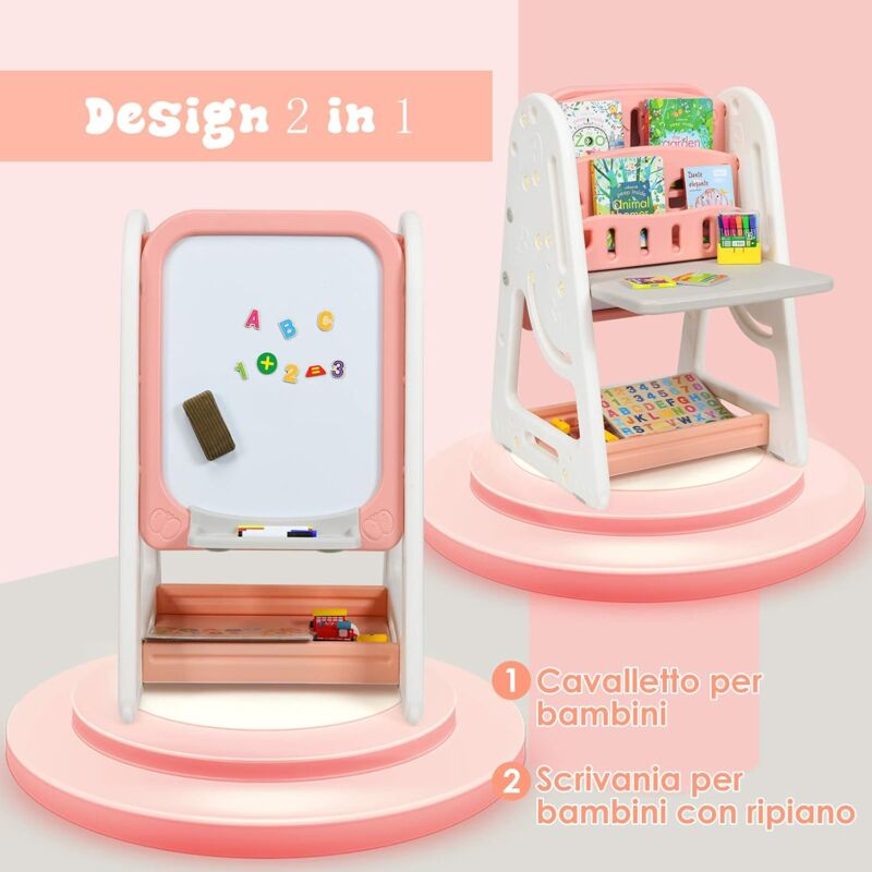 Cavalletto Bimbi HOMASIS 3 In 1 – Lavagna A Doppia Faccia Con Tavolo, Panca E Libreria, Regolabile, Grigio