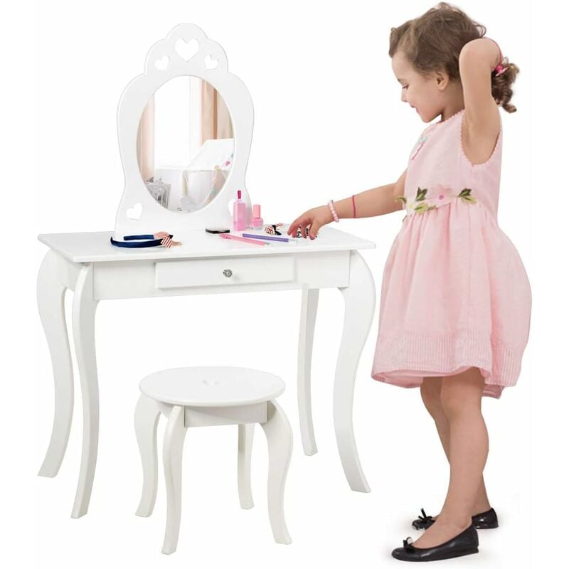 COSTWAY Toeletta Trucco Bambina e Sgabello, Tavolo da Trucco per Bambini 2  in 1 con Specchio