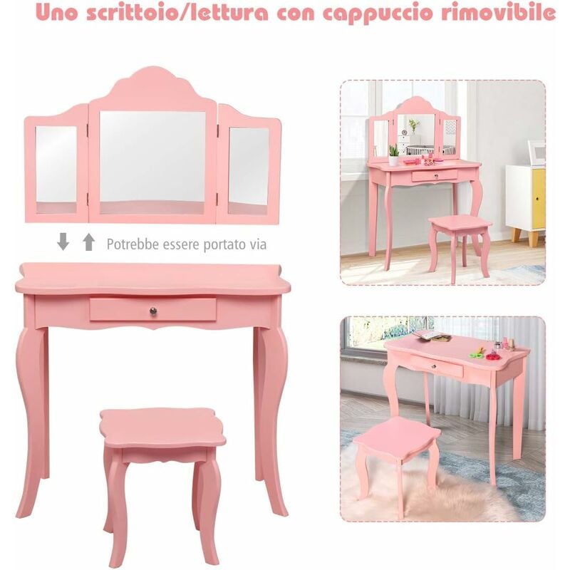 COSTWAY Toeletta in Legno per Bambini - 3 Specchio e Sgabello, Set Toeletta  Multifunzionale con Parte Superiore Rimovibile, Rosa