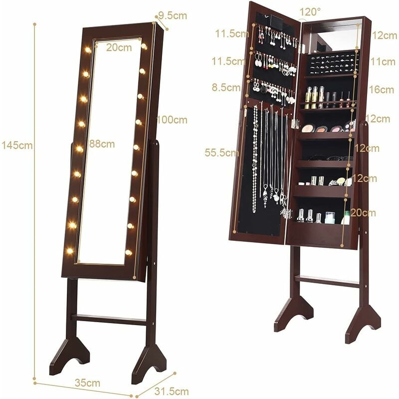 COSTWAY Portagioie Armadietto Specchiera con 18 Luci LED, Specchio a Figura  Intera, Organizer per Gioielli Moderno Elegante, 145x35x31,5cm (Marrone)