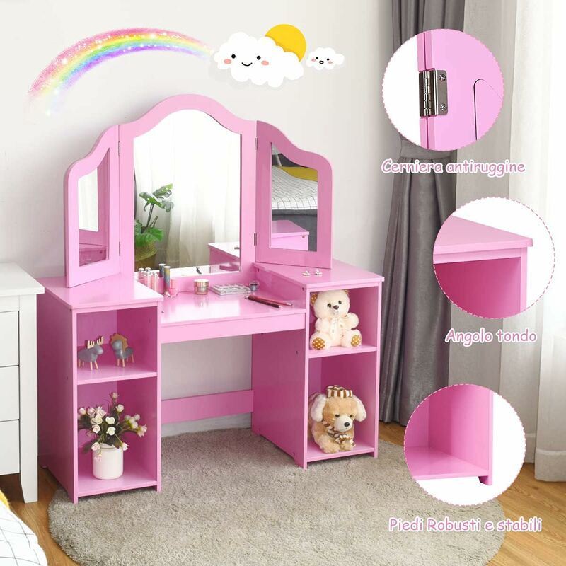 CARME Sorrento - Tavolo da toeletta grigio con cassetto maniglie oro rosa sgabello specchio con luci a LED - 4 pezzi set di mobili da trucco camera da letto