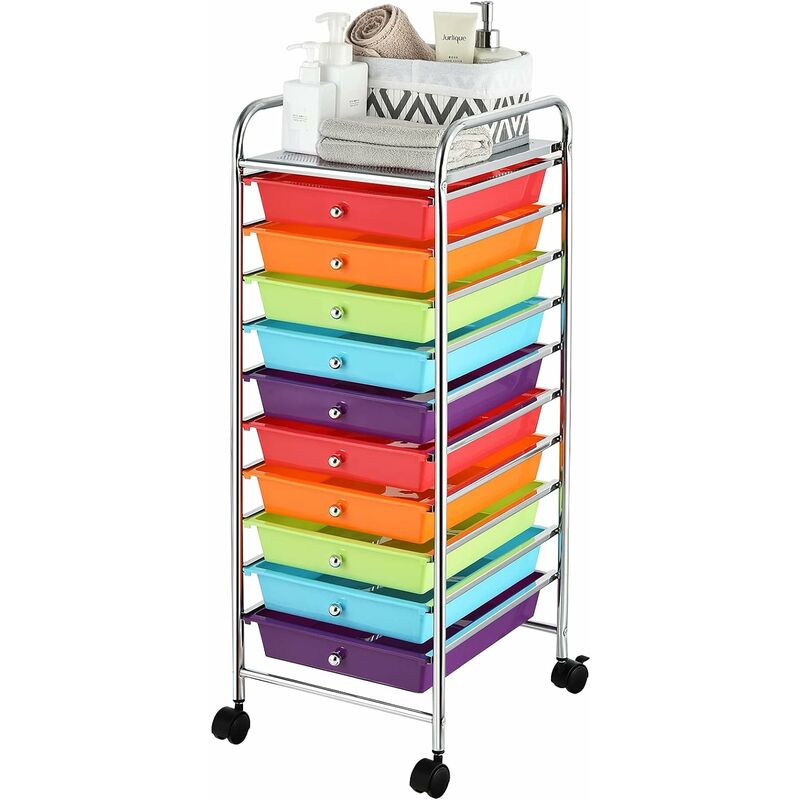 Carrello con 10 Cassetti da Stoccaggio Contenitore Multiuso con Ruote a  Freno, per Casa e Ufficio, di Metallo e Plastica (Arcobaleno Scuro)