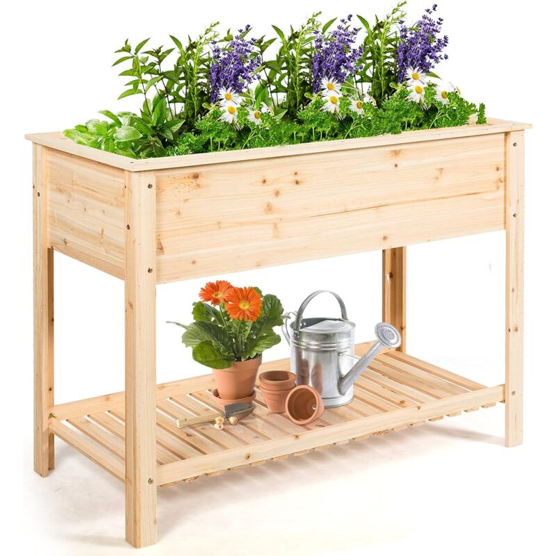 Fioriera di Legno da Giardino, Vaso Rialzato con Ripiano, Porta Piante per Giardino, Ideale per Piante Verdure e Fiori (92 x 41 x 81 cm