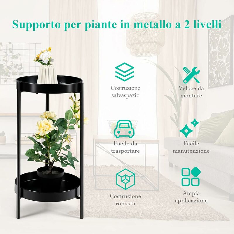 Portavasi di Metallo con 2 Livelli, Porta Piante Moderno con 2 Vassoi,  Scaffale per Piante per Interno ed Esterno, Struttura Resistente in Acciaio  (25x80 cm, Nero)