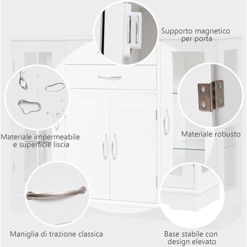 Credenza bianca e naturale: 3 cassetti + 3 ante curve + grande vetrina