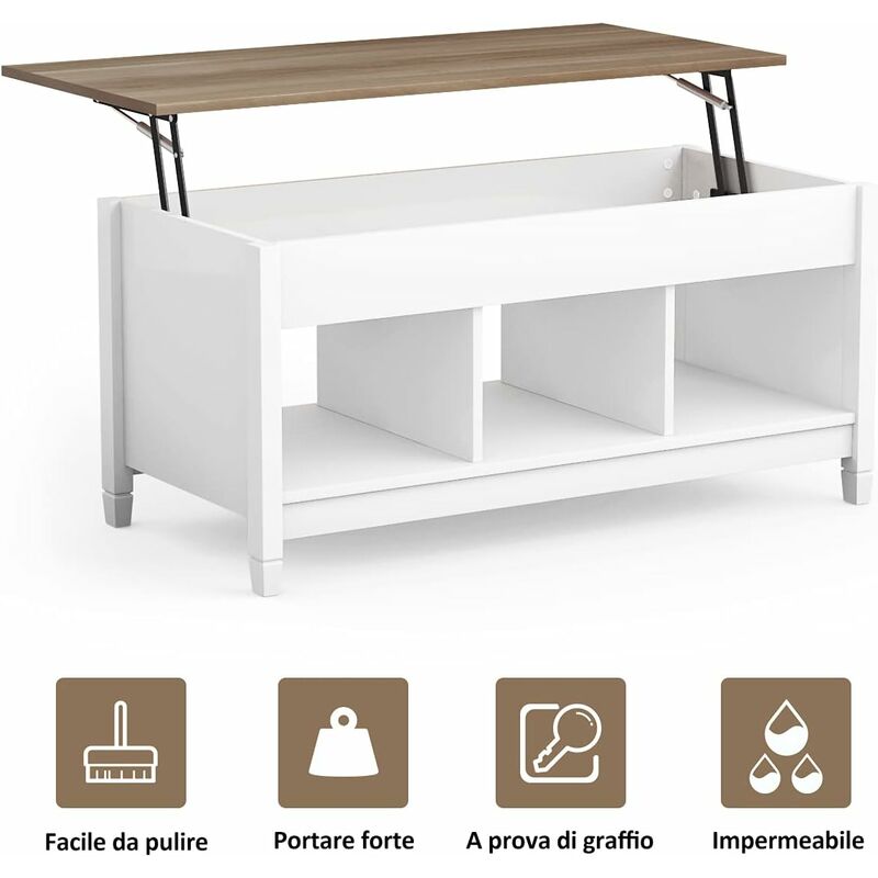 Tavolino Salotto Sollevabile Costway - Legno Con Scomparto Nascosto, Bianco - Foto 8