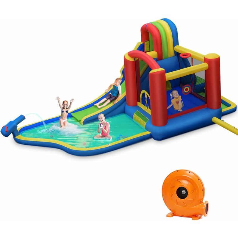 COSTWAY Castello Gonfiabile per Bambini, con Scivolo, Trampolino, Piscina e  Soffiatore, per 4 Bambini di 3-10 Anni, con Borsa di Trasporto e Kit di  Riparazione, 575 x 280 x 236 cm