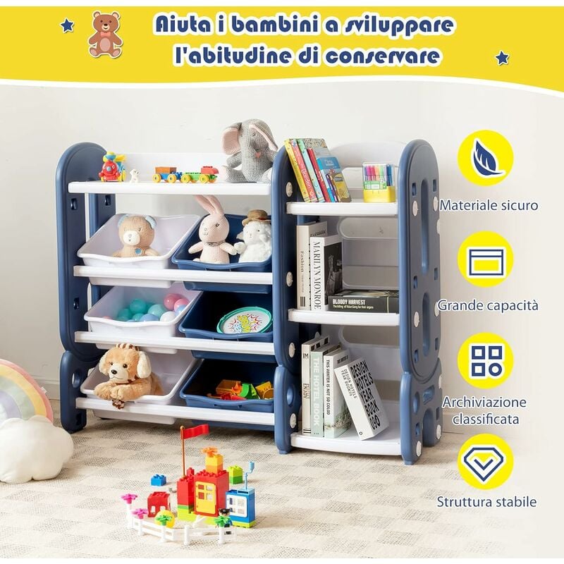 SONGMICS Scaffale Portaoggetti, 9 Scatole per Giocattoli e Libri,  Organizzatore in Tessuto TNT, per Camera dei Bambini, Sala Giochi, Asilo,  62,5 x 29,5 x 60 cm, Motivi Spaziali, Bianco