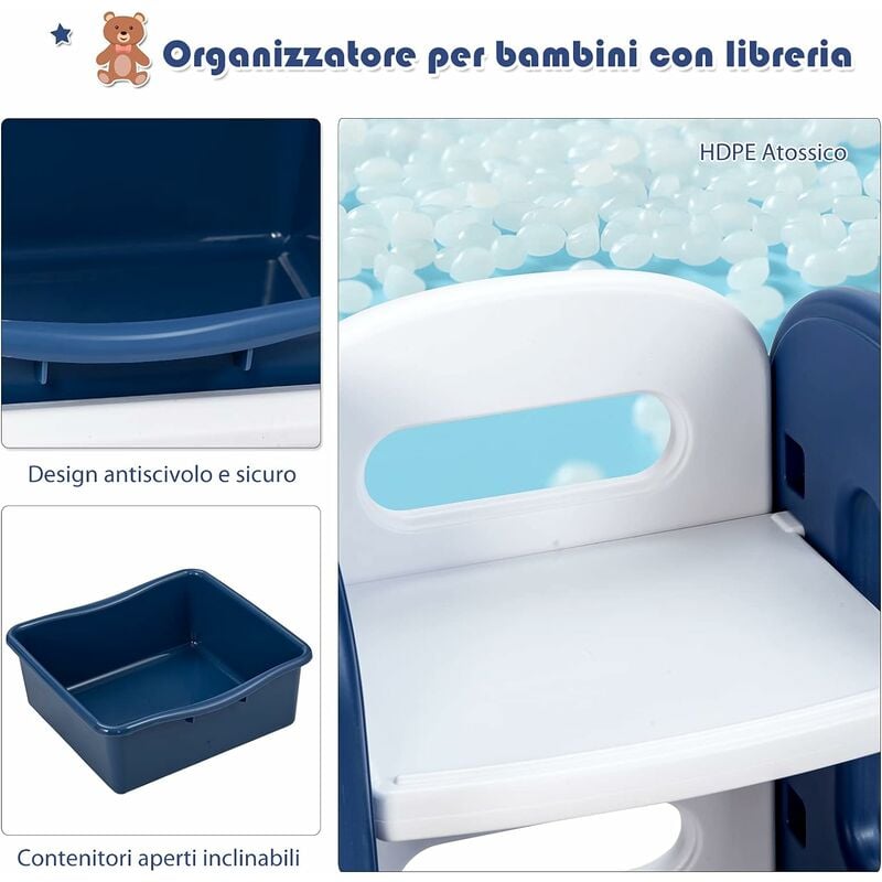 COSTWAY Organizer per Giocattoli con Scatole per Bambini, Scaffale per  Giocattoli con Libreria per Bambini, Scaffale Multilivello in Plastica per  Camera dei Bambini e Stanza dei Giochi (Blu)