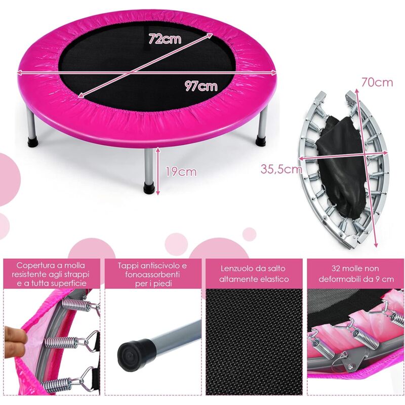 COSTWAY Mini Trampolino Pieghevole 101cm, Trampolino Fitness Per Adulti E Bambinicon Maniglia Altezza Regolabile Capacita Di Carico 150 Kg 85056183