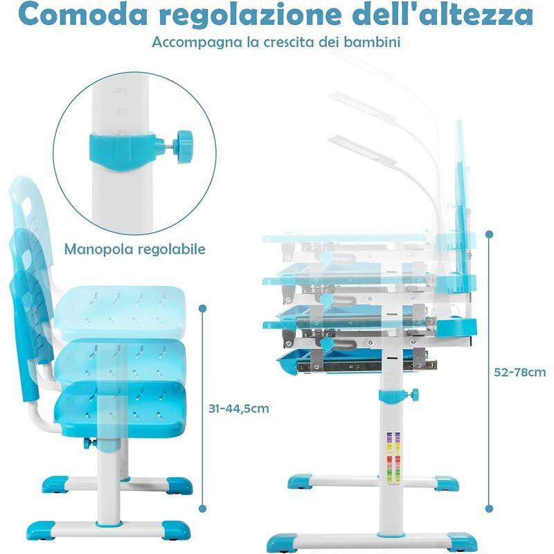 Costway Scrivania per bambini altezza regolabile 54-76cm Set tavolo e sedie  bimbi inclinabile con lampada, Blu>