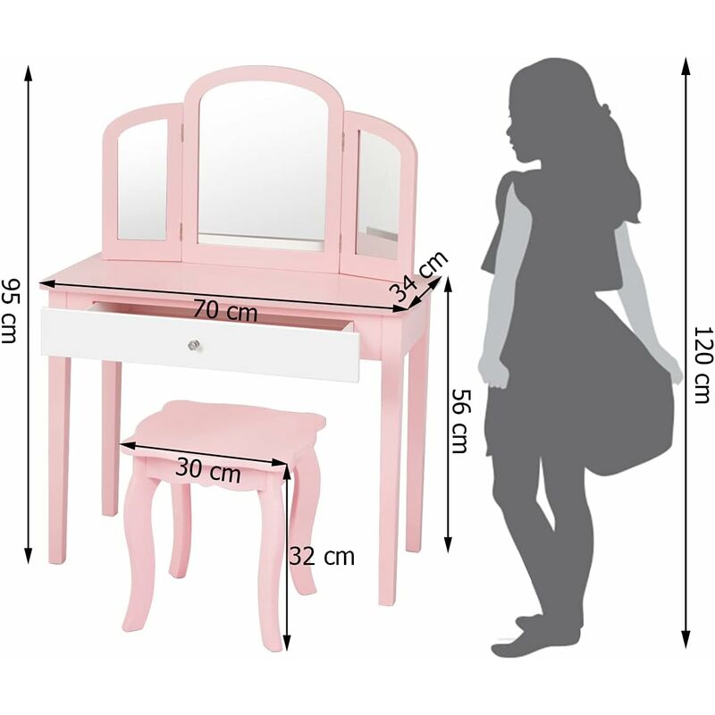 COSTWAY Set Toeletta Trucco con Sedia per Bambini, Set Toeletta con 3  Specchio e Cassetto Grande, 95x70x34cm, Specchiera Bambina (Bianco)