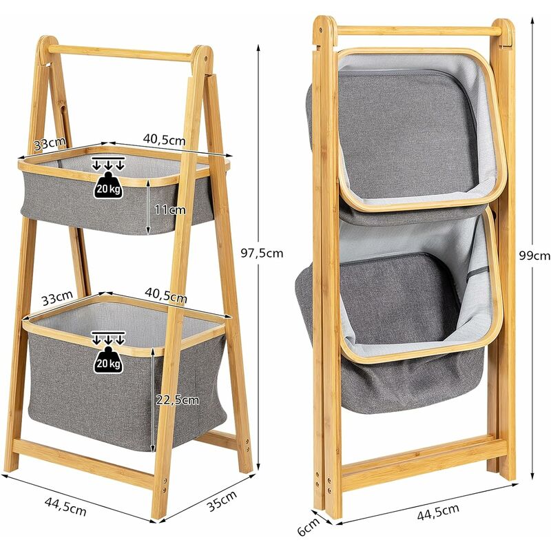 COSTWAY Mobiletto di Bambù con Cesto della Biancheria, Organizer Multiuso  con 2 Livelli, Solida Struttura a Forma di A, Scaffale Pieghevole per  Salone Bagno Lavanderia, 44,5x35x97,5 cm