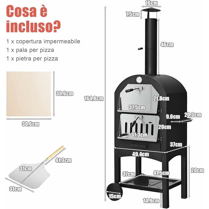 COSTWAY Forno per Pizza da Esterno, Forno per Pizza con Pietra per Pizza,  Parafuoco, Gambe Pieghevoli