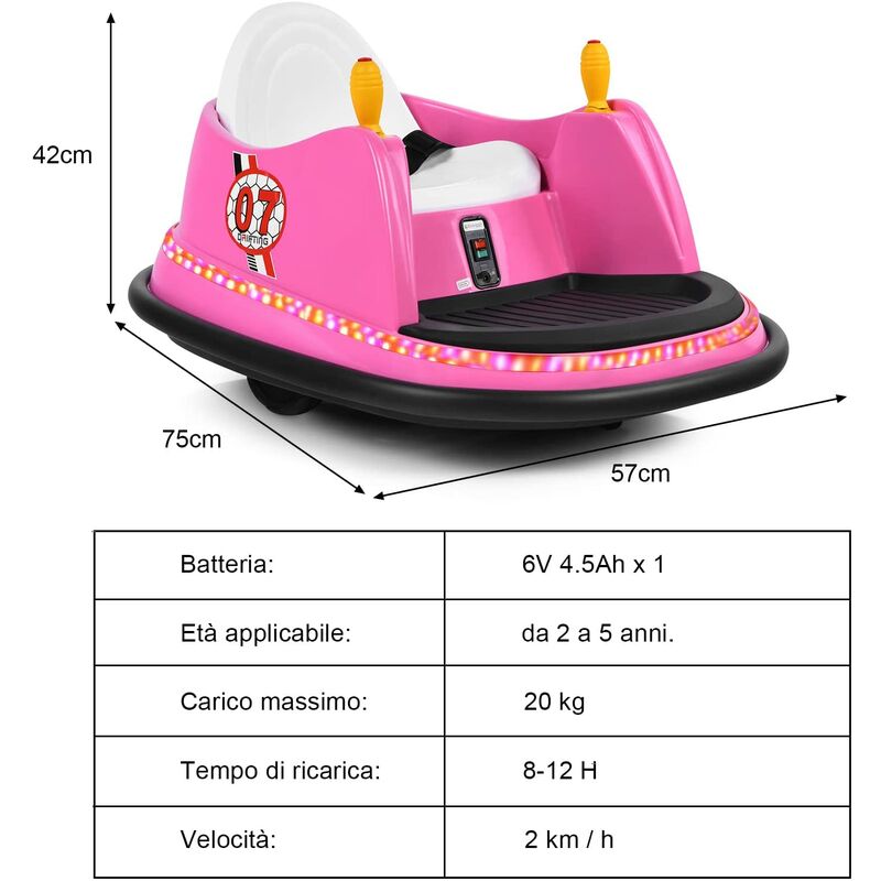 Autoscontro per bambini 6v rotazione di 360 gradi con musica e luci led