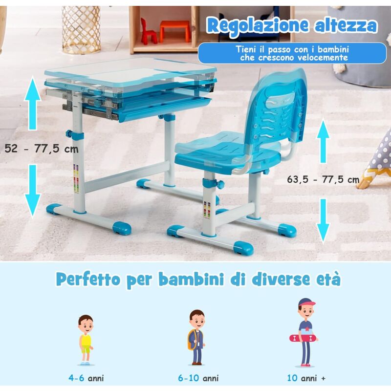 Set Scrivania E Sedia COSTWAY Per Bambini - Altezza Regolabile Con Luce LED - Scrivanietta Blù - Foto 3