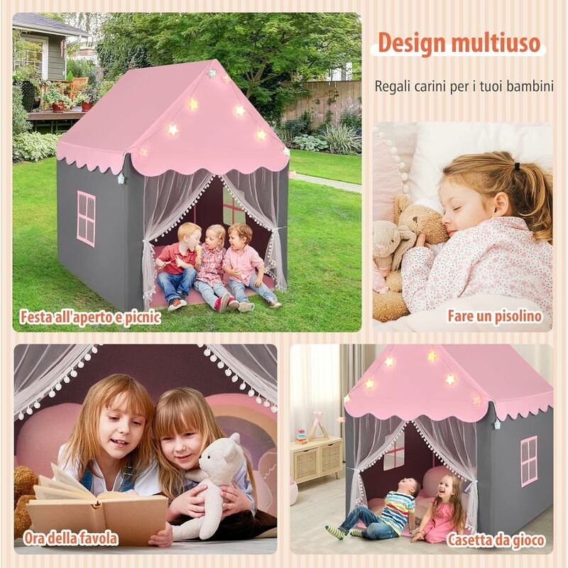 COSTWAY Tenda da Gioco per Bambini, Tenda Castello con Tappetino Lavabile,  Luci a Forma di Stella, per Interno ed Esterno, 105 x 121 x 136 cm