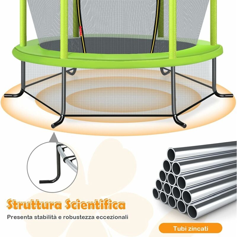 COSTWAY Trampolino Elastico da Giardino per Bambini, con Struttura in  Acciaio Resistente,Rete di Sicurezza e Cusicnetti Antiscivolo, Portata  Massima 45 kg, Ø165 cm (Verde)