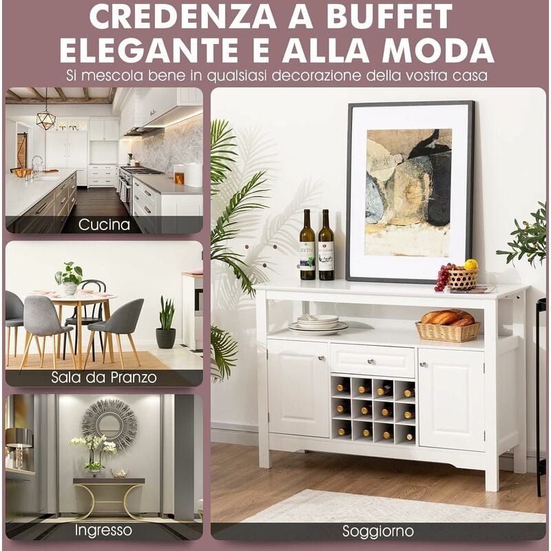 Credenza per cucina con porta bottiglie di vino a forma incrociata, Mobile  da cucina con mensola aperta Nero - Costway