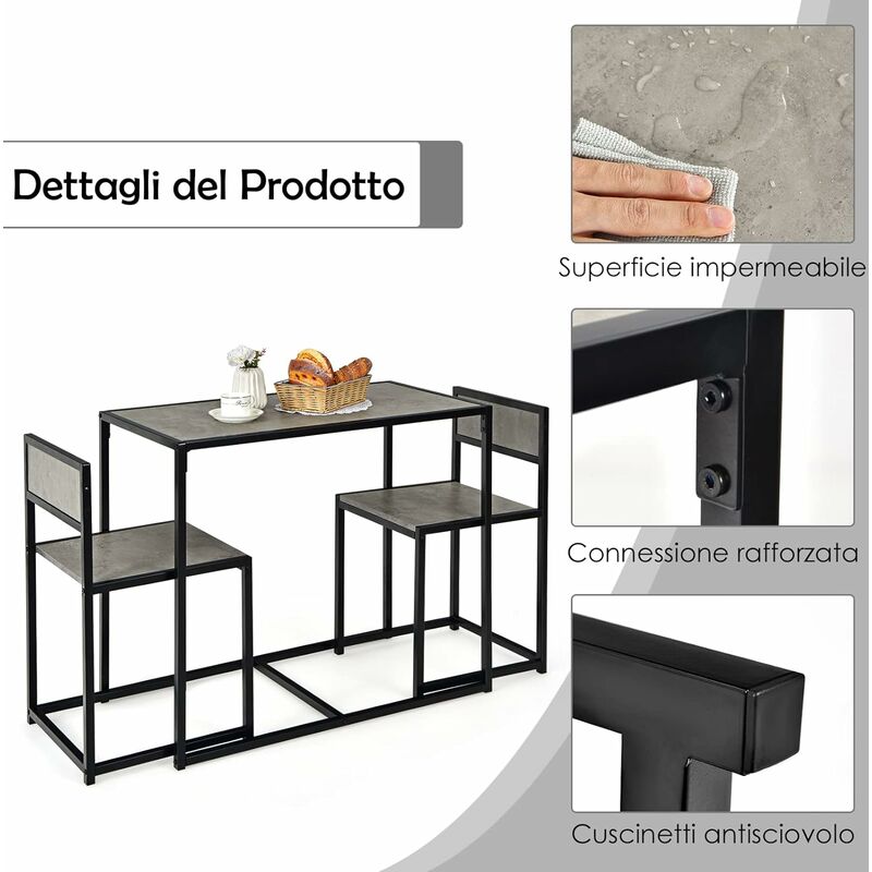 COSTWAY 3 Pezzi Set Mobili da Pranzo, con Tavolo e 2 Sedie da Cucina,  Struttura di Metallo e Legno, Rustico Elegante (Nero + Grigio)