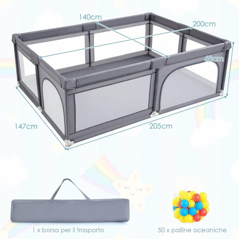 Recinto Pieghevole Per Bambini 14 Pannelli - 155x155cm, Grigio, Per Interni Ed Esterni