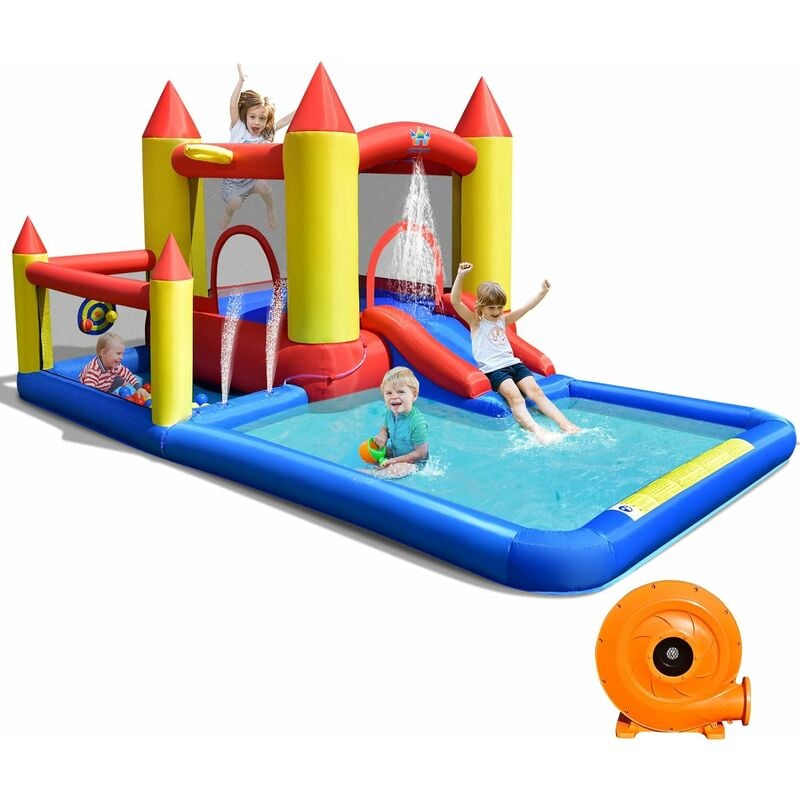 COSTWAY Castello Gonfiabile per Bambini, Casa Gonfiabile Con Scivolo,  Trampolino, per 3 Bambini di 3-10 Anni, Con Soffiatore, Borsa di Trasporto e  Kit di Riparazione, 280 x 375 x 250cm : : Giochi e giocattoli