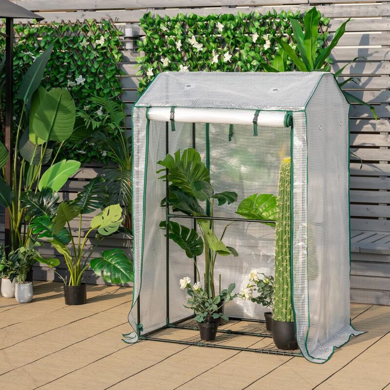 COSTWAY Serra Da Giardino 143x73x195 Cm – Telaio In Alluminio, Porta Avvolgibile E 6 Ripiani, Per Orto E Balcone