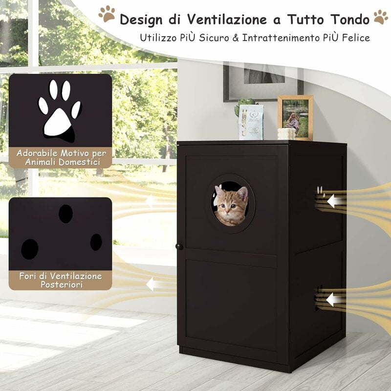 Mobiletto lettiera per gatti con doppie porte a feritoia ingresso laterale,  Toilette nascosta per gatti Marrone - Costway