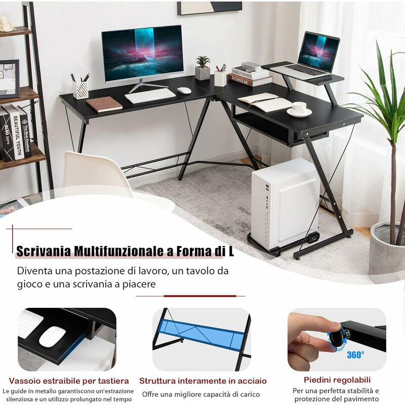 HOMCOM Scrivania Porta PC per Ufficio con Ripiano per Tastiera e Scaffale