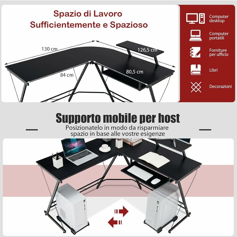 Scrivania angolare a forma di L, Scrivania 147 x 112 cm per computer con  alzata per monitor - Costway