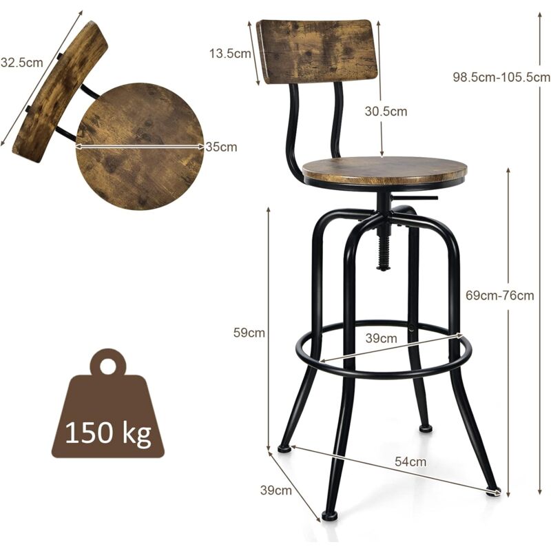 COSTWAY Set Di 2 Sgabelli Da Bar Girevoli Regolabili In Altezza, Neri, Con Poggiapiedi, Portata 120 Kg