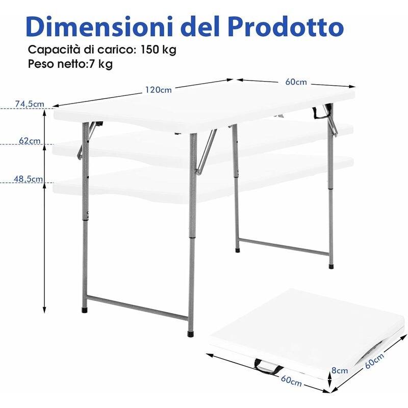 Tavolo pieghevole da picnic con altezza regolabile a 3 livelli, Tavolo da  pranzo con maniglia per il trasporto - Costway