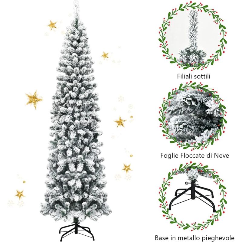 Albero Di Natale Artificiale Slim Costway 180 Cm, 390 Punte, Luci LED Bianche Calde, Supporto In Metallo
