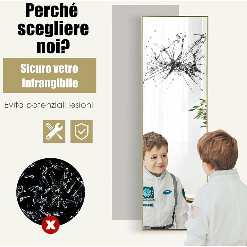 Specchiera rettangolare con vetro antisfondamento cornice in lega di  alluminio, Specchio da terra parete Argento - Costway