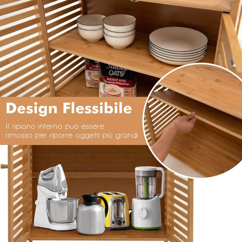 RoyalHouse Armario de suelo de bambú con 2 puertas de persiana y 3 estantes abiertos, organizador independiente para baño, cocina, sala de estar, ecológico y duradero, color marrón