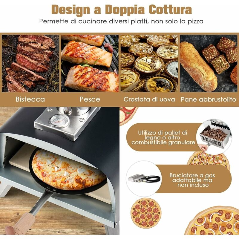 COSTWAY Forno per Pizza da Esterno, Forno per Pizza con Pietra per Pizza,  Parafuoco, Gambe Pieghevoli, Camino Smontabile, Fornetto Portatile Giardino