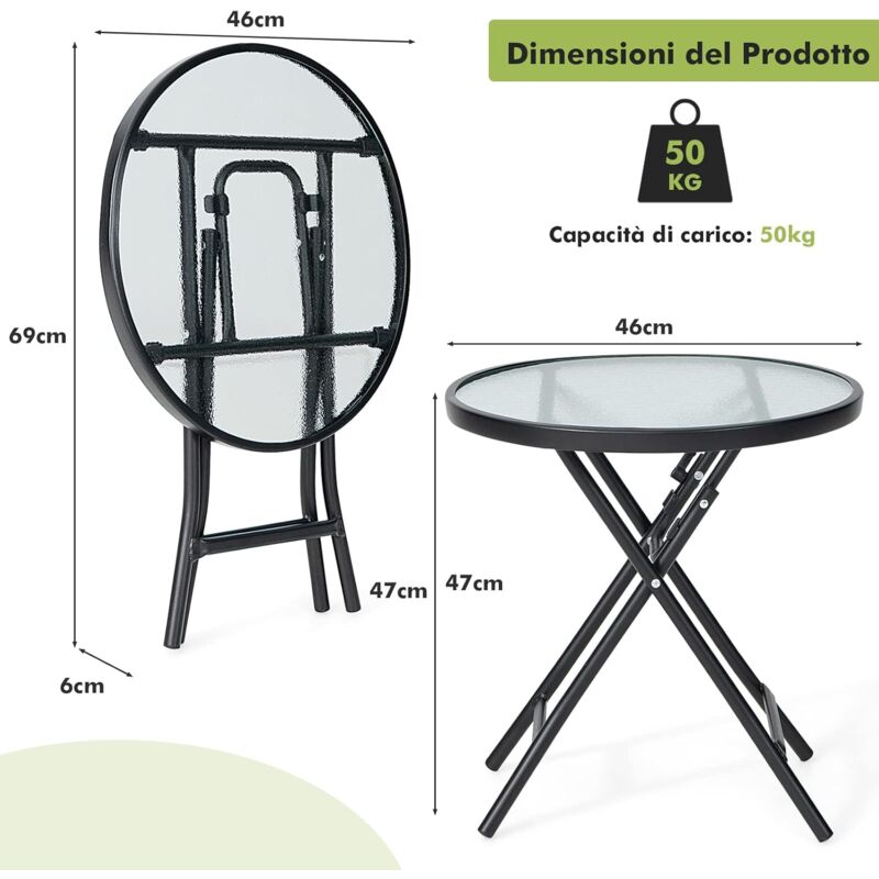 Tavolino Da Giardino Pieghevole COSTWAY – Quadrato 46,5x46,5x47,5 Cm, In Vetro Temperato E Acciaio Antiruggine, Perfetto Per Esterni E Balcone