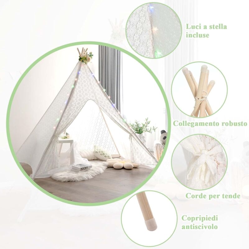 COSTWAY Tente Tipi Enfant avec Guirlande de Lumières Tipi Fille de Style  Princesse en Dentelle Romantique Tente pour Enfant Exterieur/Intérieur