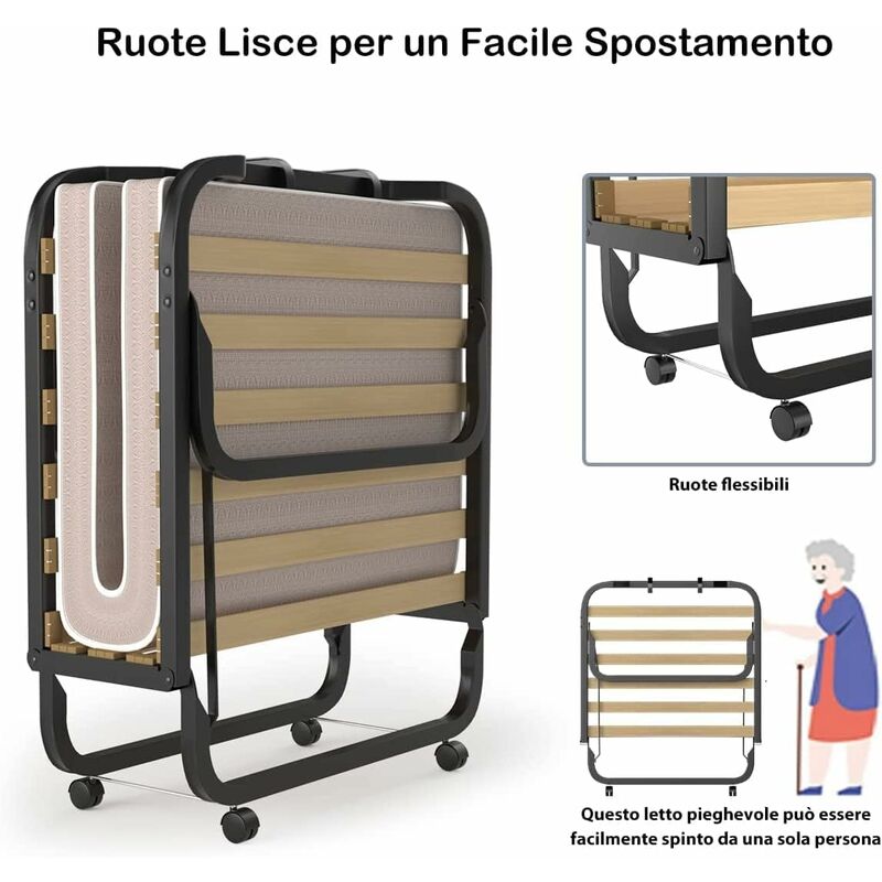 COSTWAY Letto Brandina Pieghevole, con Materasso in Memory Foam, Struttura  Resistente e 4 Ruote Girevoli, Lettino Pieghevole per Casa Ufficio, 200 x  80 x 40cm