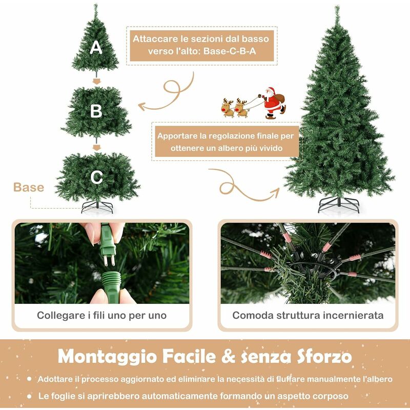 COSTWAY Albero di Natale con Luci da 180/210cm, Albero di Natale  Incernierato con 260/350 Luci LED Multi-Color, 666/1006 Rami, Base  Pieghevole, Decorazione Natalizia per Casa e Negozio (210 cm)