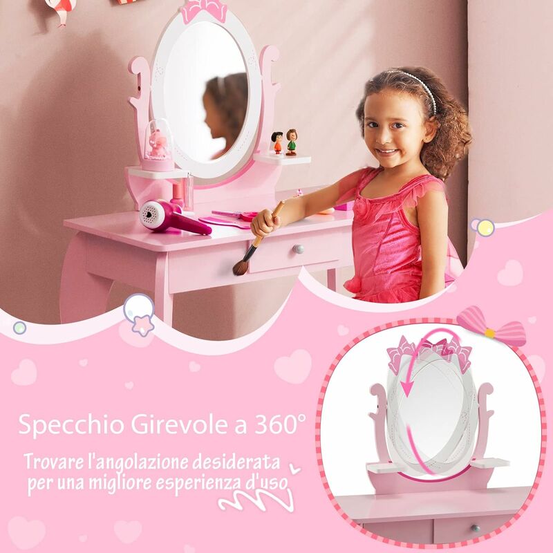 COSTWAY Toeletta per Bambini - Sedia, Specchio, Cassetti e Scatole