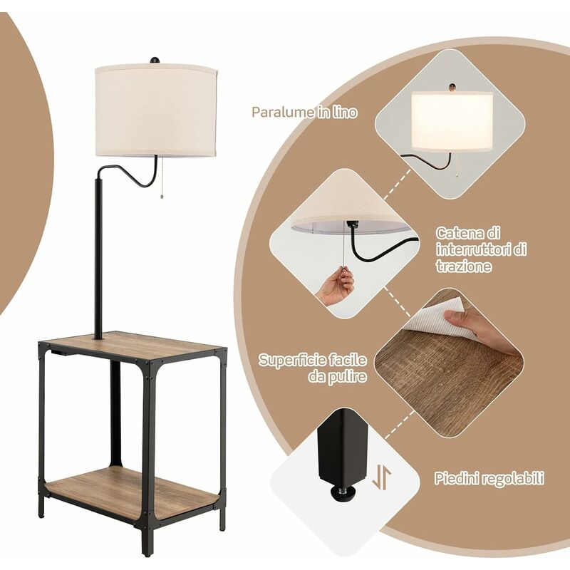 COSTWAY Lampada da Terra in Metallo e Legno, Lampada da Lettura con  Tavolino, Mensola e Porta USB, Lampada Ruotabile di 360° per Camera da  Letto e Salotto