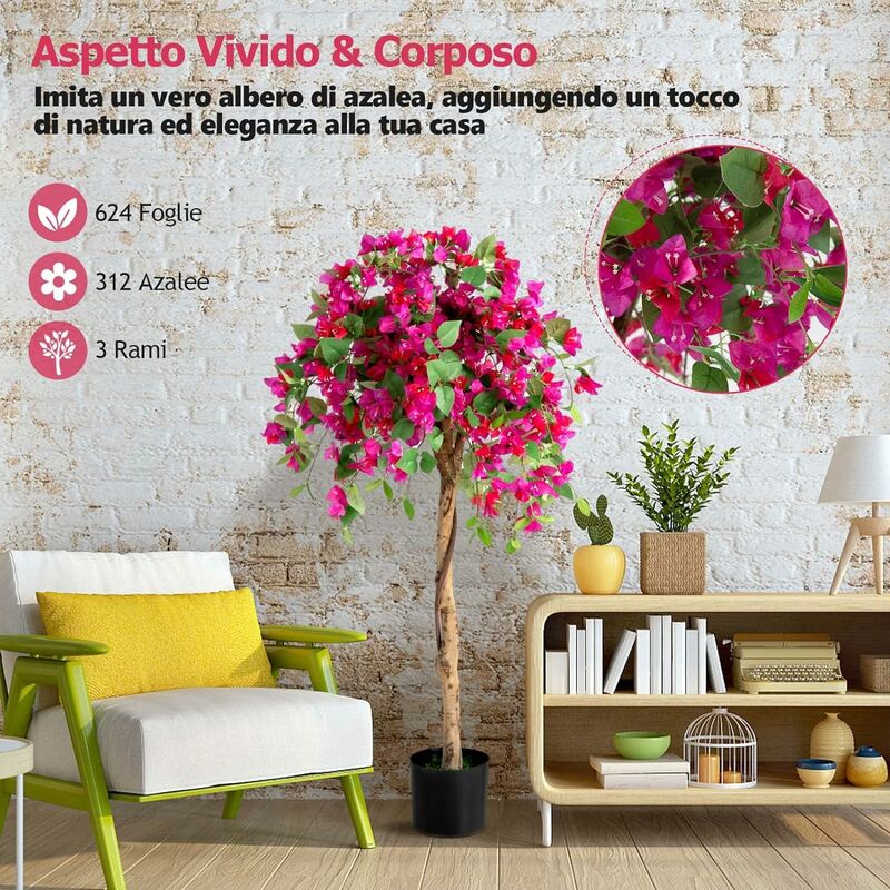 COSTWAY Pianta Finta Artificiale da 135 cm, Albero di Rododendro  Artificiale con Supporto in Cemento, 624 Foglie in Tessuto e 312 Fiori,  Ideale per Casa e Negozio, Rosso