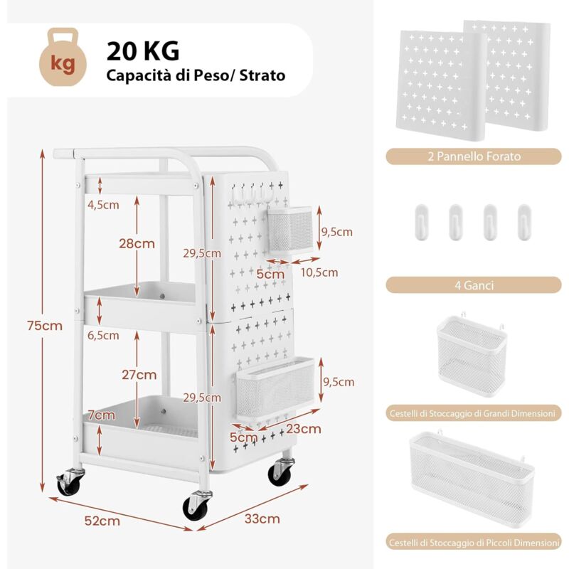 COSTWAY Carrello Multiuso 3 Livelli Con Cestini E Ganci - Organizzatore Da Cucina/Ufficio, Bianco, 52x33x75cm